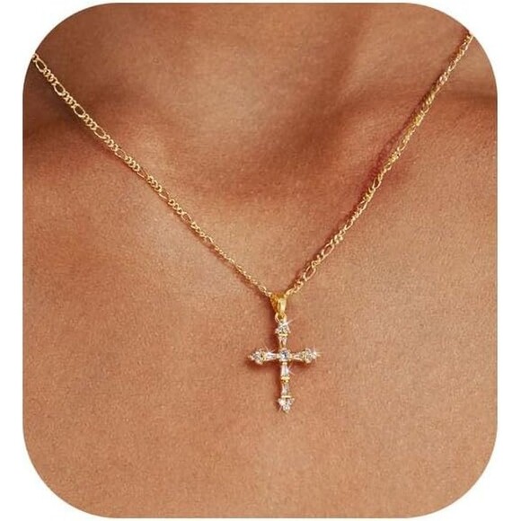 14K Gold Plated Figaro Chain Cross Necklace with Clear Gems Faith Baptism Gift - Picture 1 of 5